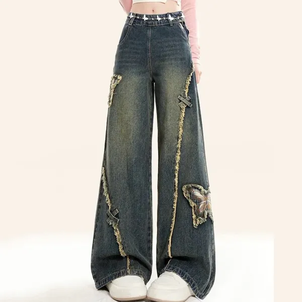 Jeans*Boogzel Clothing Aesthetic Butterfly Flared Jeans Blue