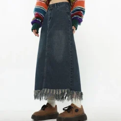 Skirts*Boogzel Clothing Aesthetic Long Denim Fringe Skirt Blue