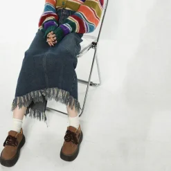 Skirts*Boogzel Clothing Aesthetic Long Denim Fringe Skirt Blue