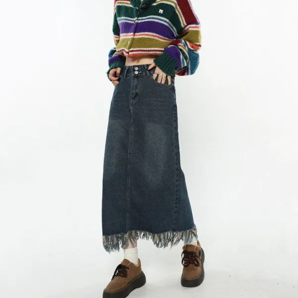 Skirts*Boogzel Clothing Aesthetic Long Denim Fringe Skirt Blue