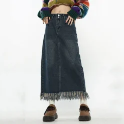 Skirts*Boogzel Clothing Aesthetic Long Denim Fringe Skirt Blue
