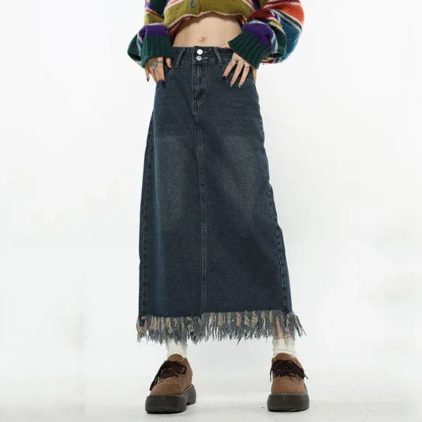 Skirts*Boogzel Clothing Aesthetic Long Denim Fringe Skirt Blue