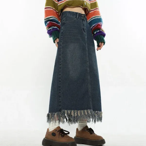 Skirts*Boogzel Clothing Aesthetic Long Denim Fringe Skirt Blue