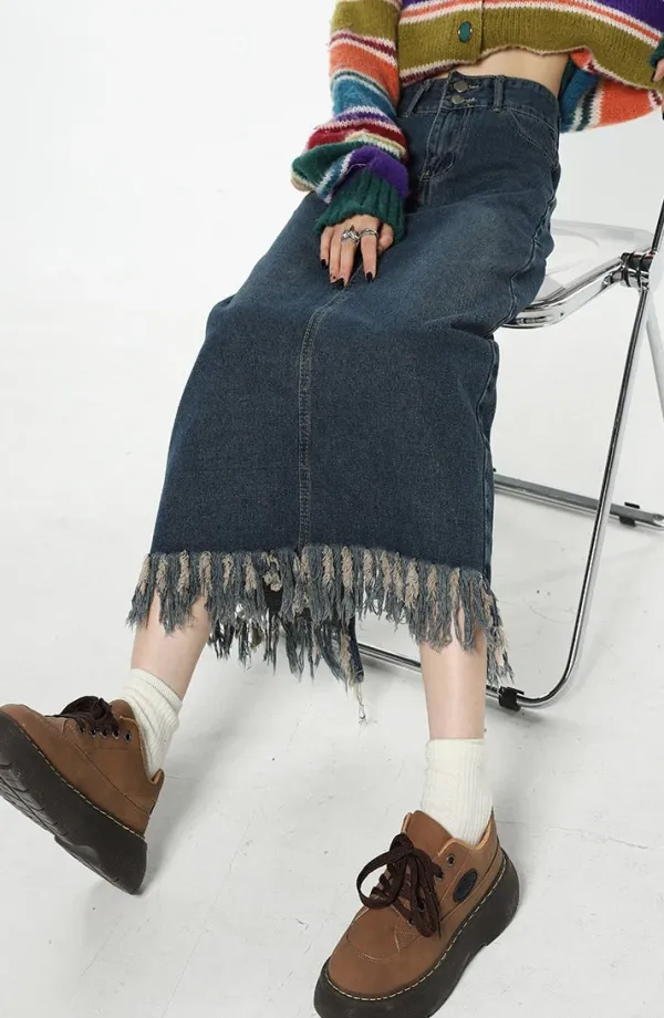 Skirts*Boogzel Clothing Aesthetic Long Denim Fringe Skirt Blue