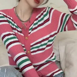 Striped Sweaters|Knit Cardigans*Boogzel Clothing Aesthetic Ribbed Cardigan Pink