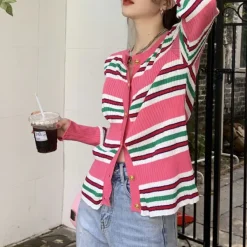 Striped Sweaters|Knit Cardigans*Boogzel Clothing Aesthetic Ribbed Cardigan Pink