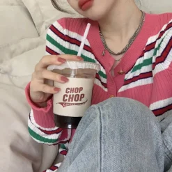 Striped Sweaters|Knit Cardigans*Boogzel Clothing Aesthetic Ribbed Cardigan Pink