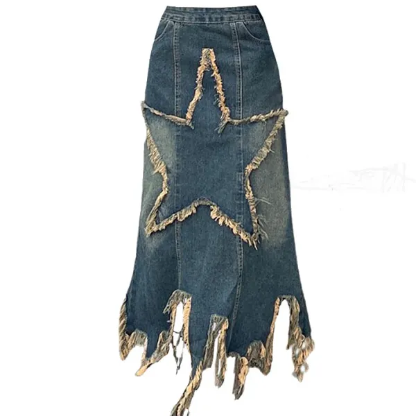 Skirts*Boogzel Clothing Aesthetic Star Long Denim Skirt DarkBlue
