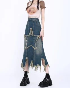 Skirts*Boogzel Clothing Aesthetic Star Long Denim Skirt DarkBlue