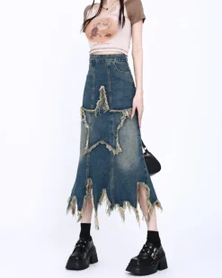 Skirts*Boogzel Clothing Aesthetic Star Long Denim Skirt DarkBlue