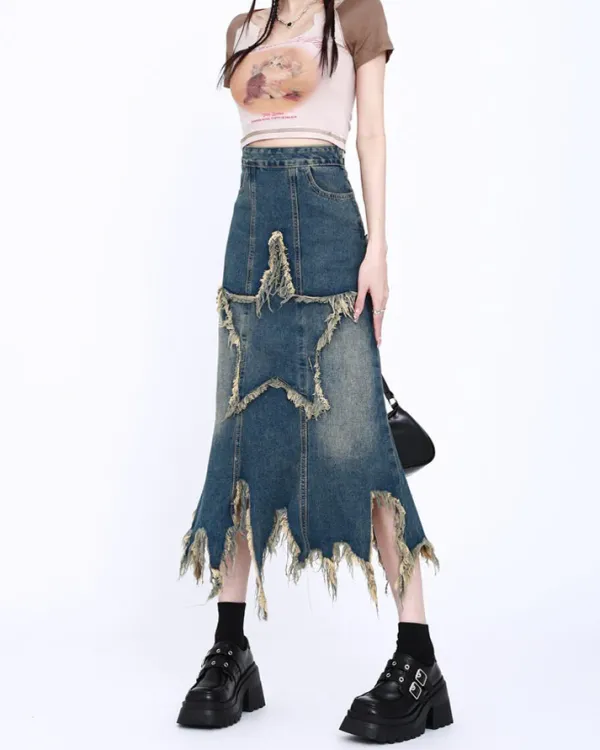 Skirts*Boogzel Clothing Aesthetic Star Long Denim Skirt DarkBlue