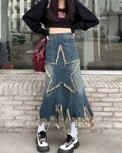 Skirts*Boogzel Clothing Aesthetic Star Long Denim Skirt DarkBlue