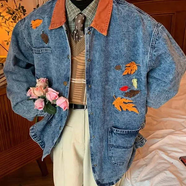 Mens|Coats & Jackets*Boogzel Clothing Autumn Leaves Embroidery Denim Jacket Blue