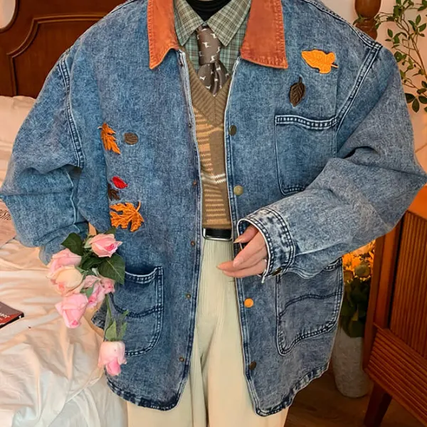 Mens|Coats & Jackets*Boogzel Clothing Autumn Leaves Embroidery Denim Jacket Blue