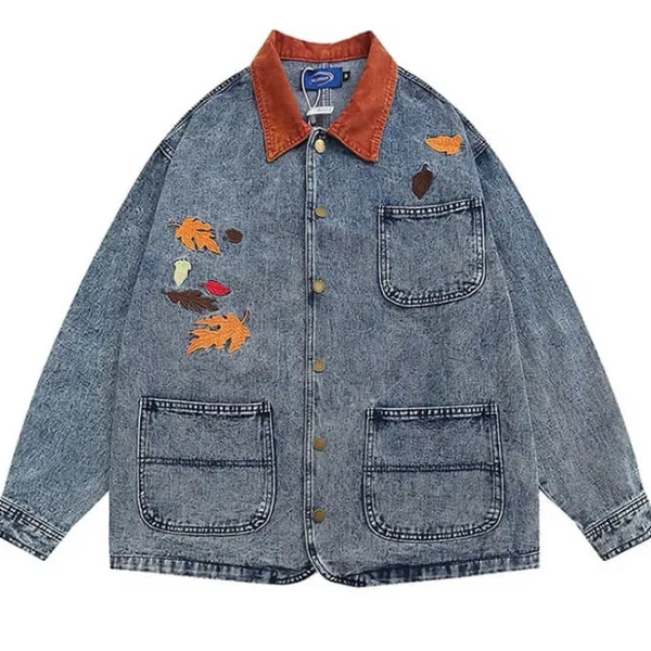Mens|Coats & Jackets*Boogzel Clothing Autumn Leaves Embroidery Denim Jacket Blue