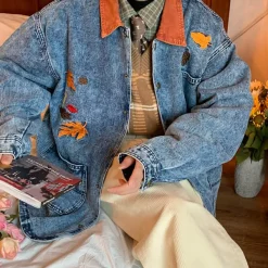 Mens|Coats & Jackets*Boogzel Clothing Autumn Leaves Embroidery Denim Jacket Blue