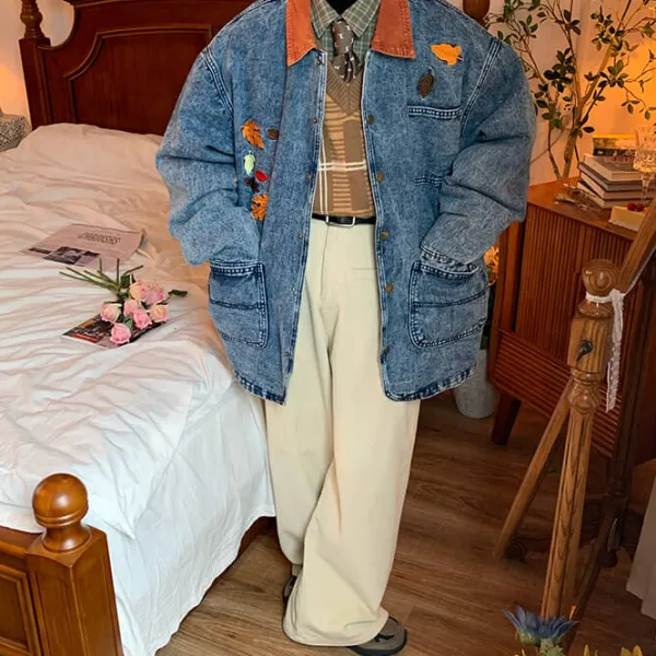 Mens|Coats & Jackets*Boogzel Clothing Autumn Leaves Embroidery Denim Jacket Blue