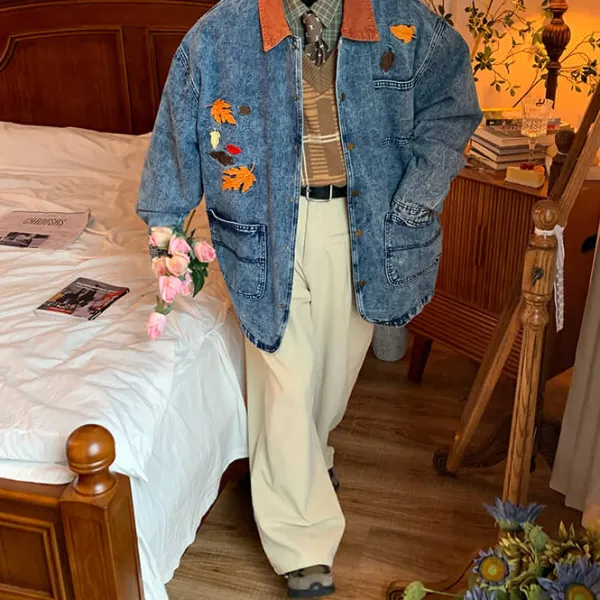 Mens|Coats & Jackets*Boogzel Clothing Autumn Leaves Embroidery Denim Jacket Blue
