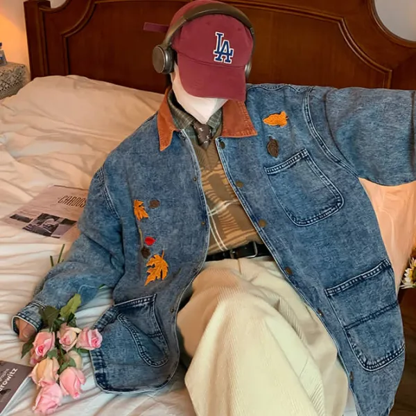 Mens|Coats & Jackets*Boogzel Clothing Autumn Leaves Embroidery Denim Jacket Blue