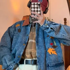 Mens|Coats & Jackets*Boogzel Clothing Autumn Leaves Embroidery Denim Jacket Blue