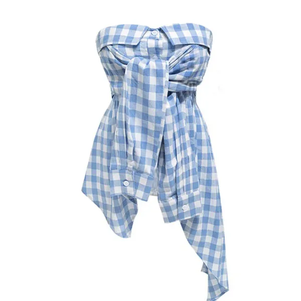 Y2K Tops*Boogzel Clothing Baby Plaid Off Shoulder Shirt Blue