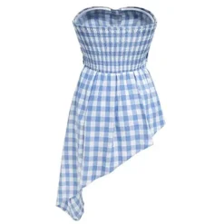 Y2K Tops*Boogzel Clothing Baby Plaid Off Shoulder Shirt Blue