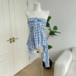 Y2K Tops*Boogzel Clothing Baby Plaid Off Shoulder Shirt Blue