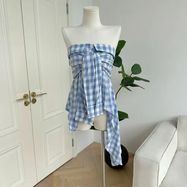 Y2K Tops*Boogzel Clothing Baby Plaid Off Shoulder Shirt Blue