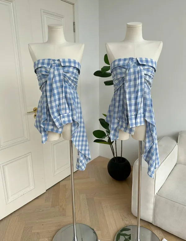 Y2K Tops*Boogzel Clothing Baby Plaid Off Shoulder Shirt Blue