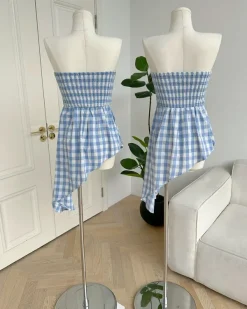 Y2K Tops*Boogzel Clothing Baby Plaid Off Shoulder Shirt Blue