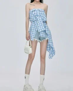 Y2K Tops*Boogzel Clothing Baby Plaid Off Shoulder Shirt Blue