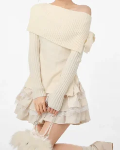 Striped Sweaters|Sweaters*Boogzel Clothing Balletcore Of Shoulder Sweater White