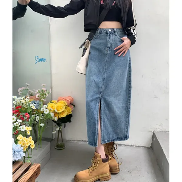 Skirts*Boogzel Clothing Basic Things Split Denim Skirt Blue