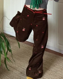 Pants & Trousers*Boogzel Clothing Bear Embroidery Cord Pants Brown