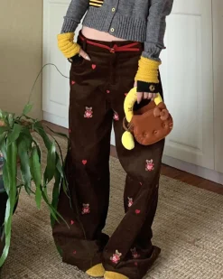 Pants & Trousers*Boogzel Clothing Bear Embroidery Cord Pants Brown