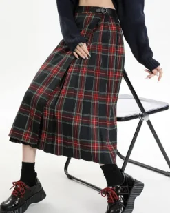 Skirts*Boogzel Clothing Black and Red Plaid Midi Skirt Red/black