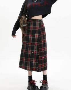 Skirts*Boogzel Clothing Black and Red Plaid Midi Skirt Red/black