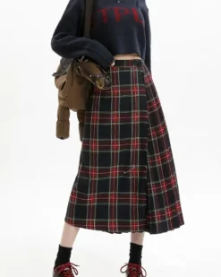 Skirts*Boogzel Clothing Black and Red Plaid Midi Skirt Red/black