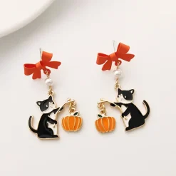Earrings*Boogzel Clothing Black Cat & Pumpkin Earrings Orange