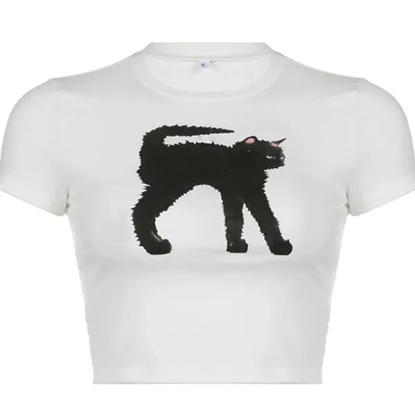 Aesthetic T-Shirts & Graphic Tees|Crop Tops*Boogzel Clothing Black Cat Crop Top White