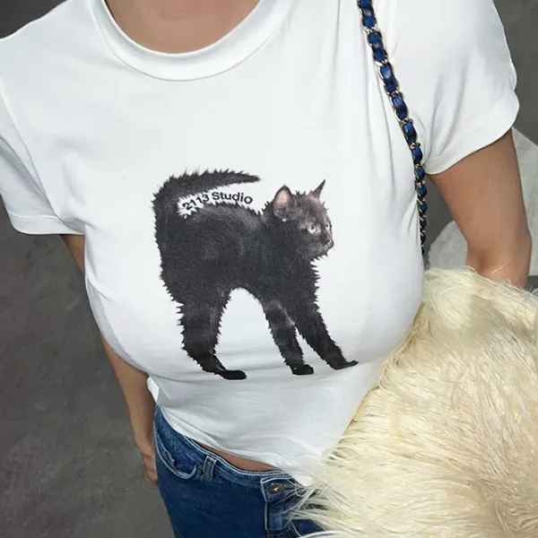 Aesthetic T-Shirts & Graphic Tees|Crop Tops*Boogzel Clothing Black Cat Crop Top White