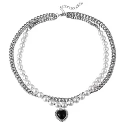 Necklaces & Chokers*Boogzel Clothing Black Heart Pearl Necklace Silver