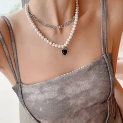 Necklaces & Chokers*Boogzel Clothing Black Heart Pearl Necklace Silver