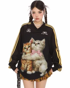 Sweatshirts|Long Sleeve Tops*Boogzel Clothing Blokette Aesthetic Kitten Print Jersey