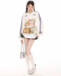 Sweatshirts|Long Sleeve Tops*Boogzel Clothing Blokette Aesthetic Kitten Print Jersey