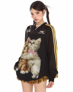 Sweatshirts|Long Sleeve Tops*Boogzel Clothing Blokette Aesthetic Kitten Print Jersey