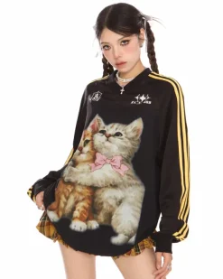 Sweatshirts|Long Sleeve Tops*Boogzel Clothing Blokette Aesthetic Kitten Print Jersey