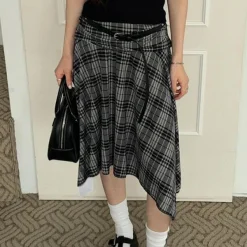 Skirts*Boogzel Clothing Blokette Asymmetrical Plaid Skirt DarkGrey