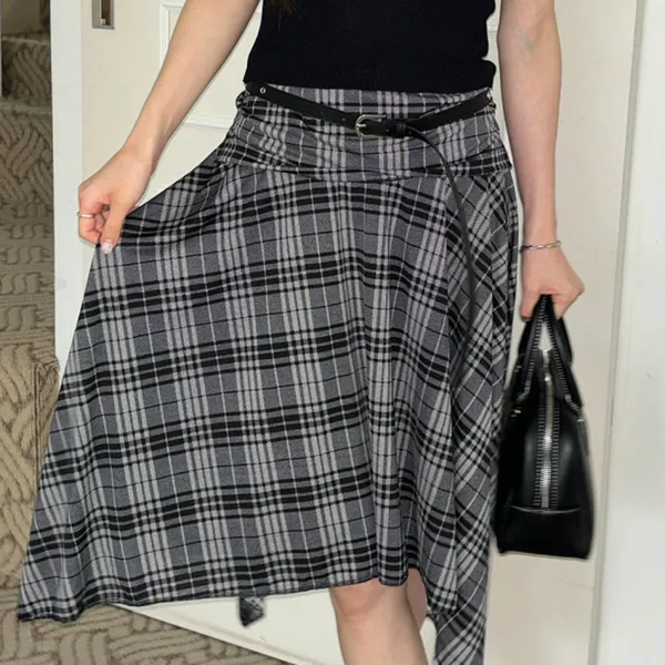 Skirts*Boogzel Clothing Blokette Asymmetrical Plaid Skirt DarkGrey