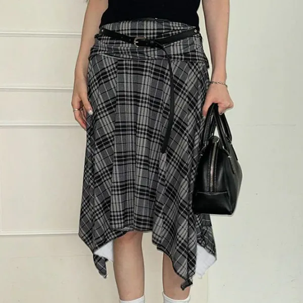 Skirts*Boogzel Clothing Blokette Asymmetrical Plaid Skirt DarkGrey